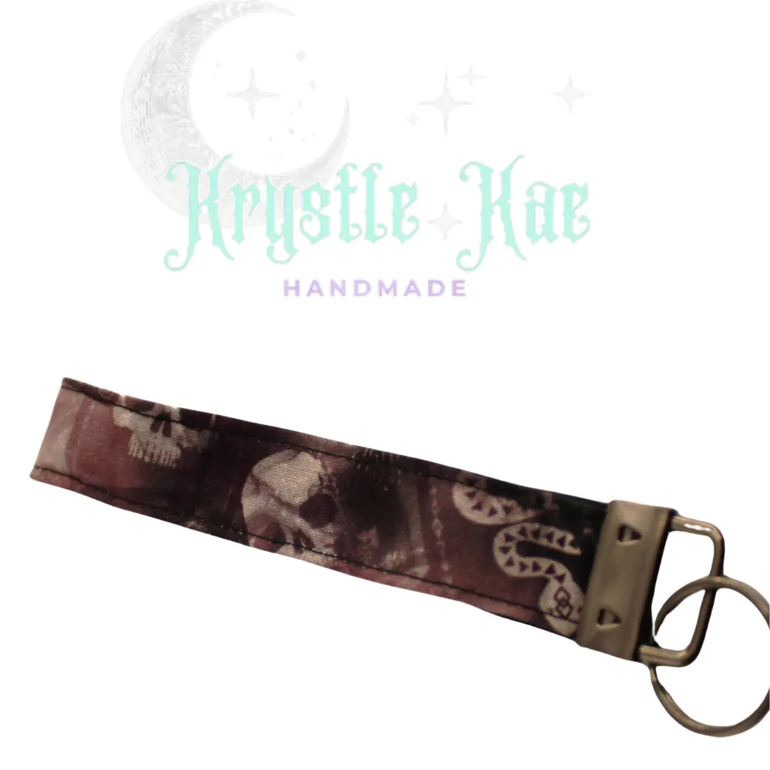 Voodoo Skull Fabric Key Fob Wristlet, Handmade Gothic Keychain Accessory in Purple and Black, Hands-Free for Daily Casual Use, 5 Inches Long