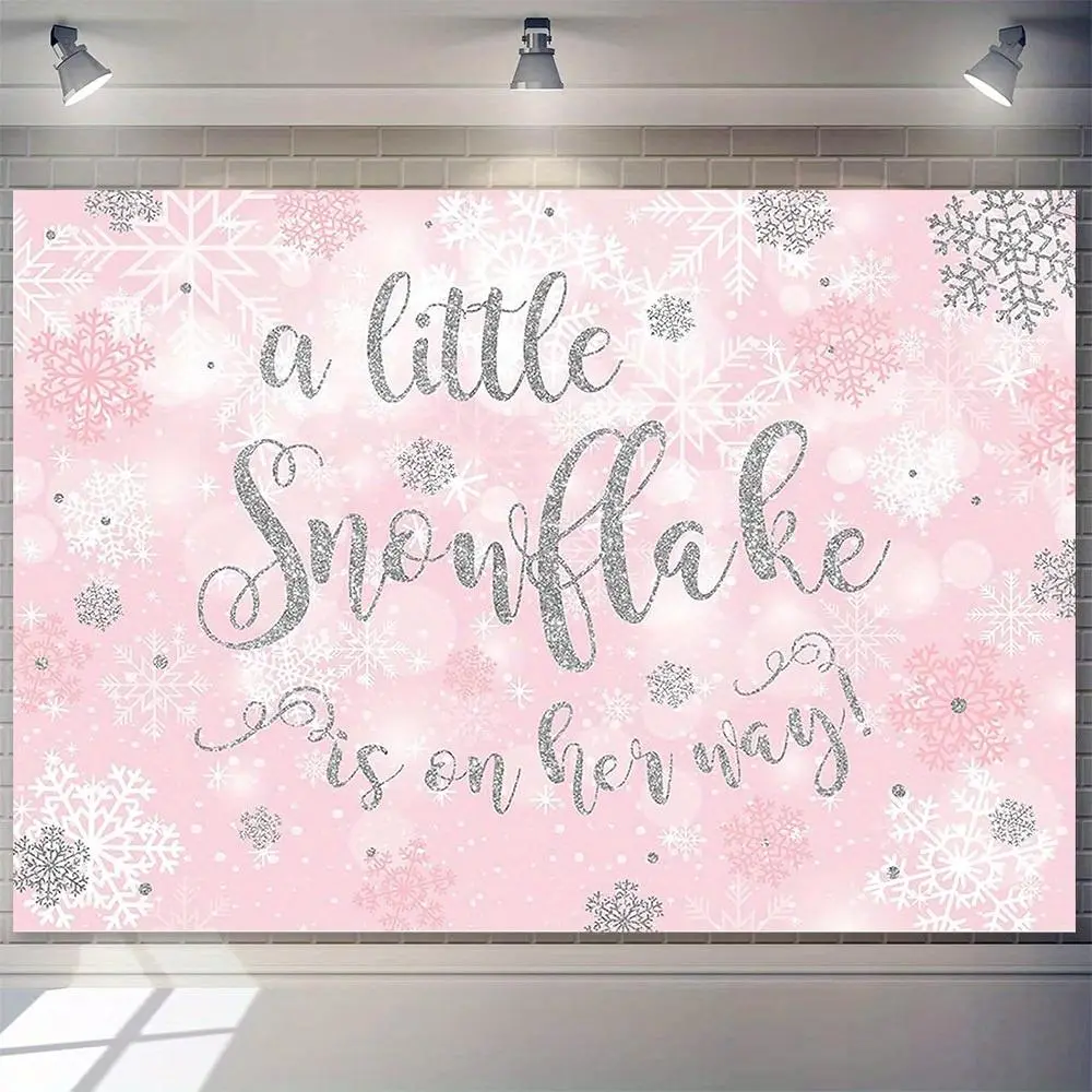 Pink Snowflake Flowers Baby Shower Backdrop Banner, 230x180cm Polyester, Cursive "A Little Snowflake Is on Her Way" Text, for Cake Table Decoration & Photo Booth Props