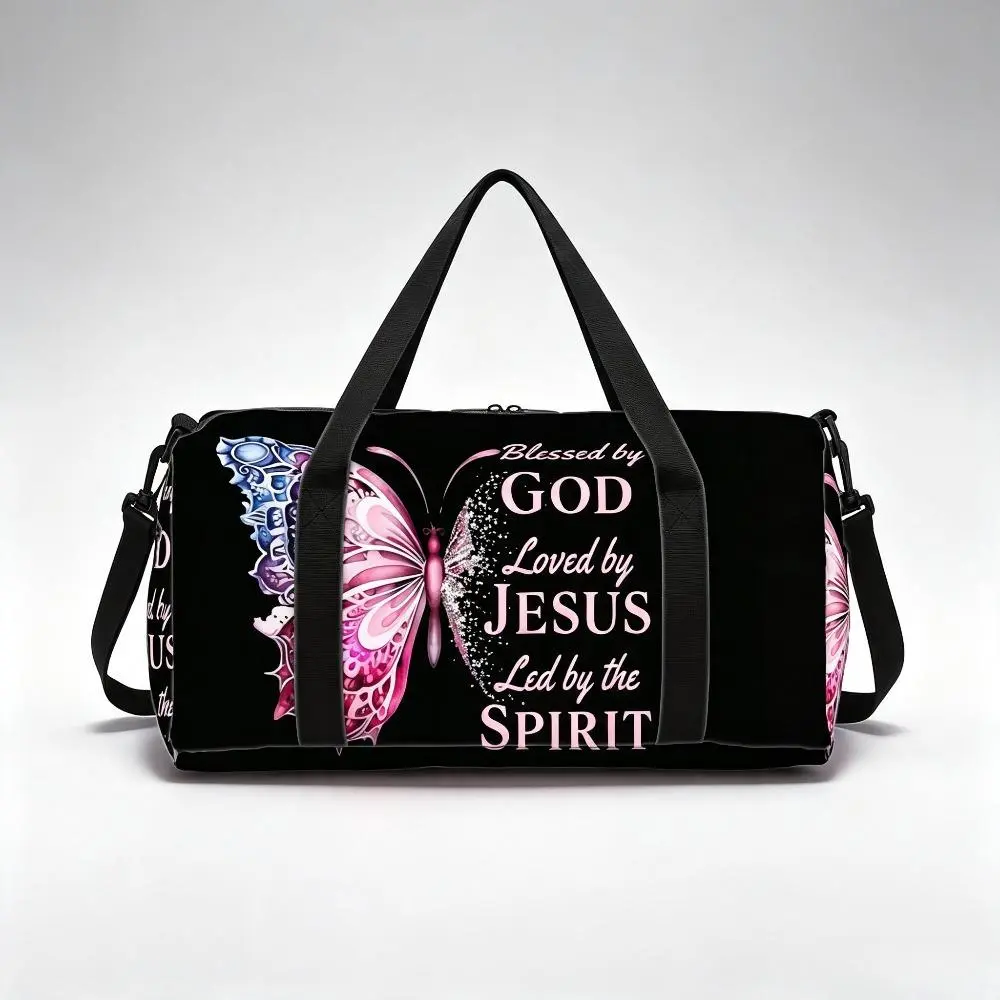 Unisex Religious Theme Waterproof Polyester Duffel Bag - Multi-Function Fitness Yoga Gym Bag with "Blessed by GOD Loved by JESUS Led by the SPIRIT" Butterfly Print, Large Capacity, Side Zip Closure Pocket, Inner Pocket, Adjustable Strap