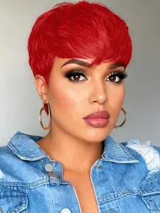Pixie Wig Burgundy Short Straight Human Hair Wig for Women, Natural Looking Wig, Stylish Machine Made Pixie Cut Wig for Daily and Party Use, Perfect Gift Idea