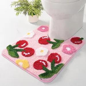 Pink Cherry Toilet Rug & Mat U-Shaped 20"x20" - Soft Microfiber Contour Bath Rug Absorbent Non-Slip Bathroom Toilet Rugs Plush Bathroom Mat for Toilet Base Machine Washable Shaggy Bath Decor