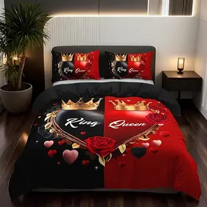 King Queen Heart Crown Rose Bedding Set, 3pcs (1 Quilt Cover + 2 Pillowcases), No Filling, High-Definition Print, All Seasons Home Dormitory Use