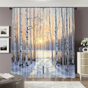 2-Piece set, 2D flat print, birch forest semi-blackout curtains, snow white birch and sunset design, pole pocket design, for bedroom and living room home decoration, modern style, winter curtains, room decoration, Window Curtain