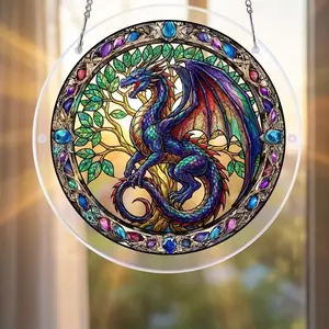 Fantasy Dragon Suncatcher, Dragon Tree of Life Window Hanging, Stained Glass Dragon Panel, Mythical Creature Sun Catcher.