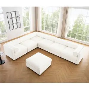 White large modular L-shaped combination sofa with extendable footstool and storage, plush combination sofa for the living room, cylindrical backrest and armrests