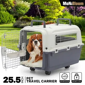 MoNiBloom 25.5 Inch Length Plastic Carrier with Wheels and 2 Dishes for Small Dogs and Cats, Multifunction Hard Cat Carrier Dog Kennel Ventilation and Security Lock Design