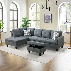 Dark Grey Fluffy Fabric Living Room Sofa Set