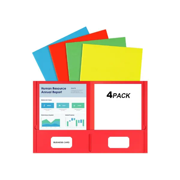 2-Pocket File Folders, 4-Pack Letter Size Folders with Assorted Colors, Business Card Slots for Office, School Use