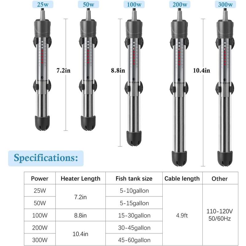 25W 50W 100W 200W 300W Adjustable Aquarium Heater, Submersible Fish Tank Heater Thermostat with Suction Cup (50W)