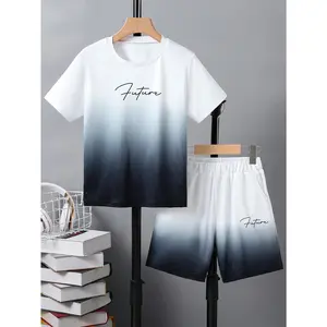 Summer Boys' Set White Gradient Short Sleeve T-Shirt & Shorts Future Print Perfect for Outdoor Activities