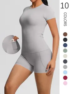 Women's Nylon Yoga Set, High Elastic Breathable Quick-Dry Short Sleeve Top & Long Pants, Gym Fitness Outdoor Running Clothes, Workout Running Clothes, Sports Clothing Set