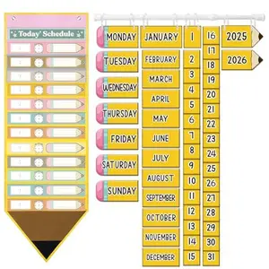 Back to School Pencil Theme Daily Schedule Classroom Calendar Pocket Chart Teaching Daily Schedule with 13+1 Pockets, 19 Reusable Dry Erase Cards, 52 Date Cards for Preschool Classroom Office Decor