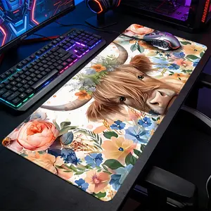 Highland Cow with Colorful Flowers Large-Sized Gaming Mouse Pad, Farm Animal Floral Desktop Protection Pad, Anti-Slip Rubber Lock Edge High-Definition Printing, Suitable For Computers, Laptops, Offices, Homes, Schools, Great Gift For Family And Friends