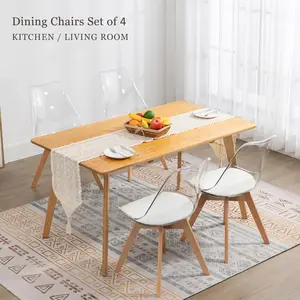 Clear Dining Chairs Set of 2-4, Modern Acrylic Chair Kitchen Dinner Chairs with PU Leather Cushions Seat and Wood Legs, Side Chairs Suitable for Dining Room Living Room Bedroom