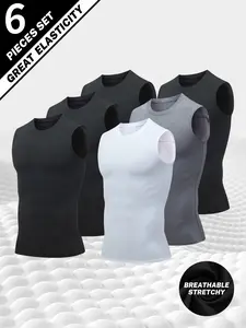 Men's 6-Pack Compression Sleeveless Shirts | Breathable Stretch Tank Tops in Black/White/Grey