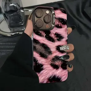 Pink Furry Leopard Print Glitter Phone Case for iPhone 17, 16, 15, 14, 13, 12 & Pro Max, Shockproof Cover