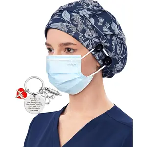 Satin Lined Bouffant Scrub Nurse Cap with 4 Buttons and Sweatband Adjustable