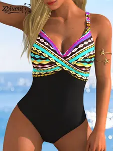 New Ethnic Print Women's Fashion One-Piece Swimsuit, V Neck Swimsuit, Sexy High-End Stretchy Swimwear for Swimming, Hot Springs, Vacation, Beach, Casual Wear, Summer Swimsuits