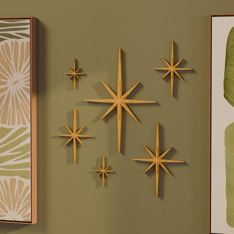Mini Elongated Mid Century Modern Starburst Wall Decor Set of 6, Indoor Atomic Art Retro Home Decor, Wooden Decor, Walls Art, Wall Decor, Home Decor