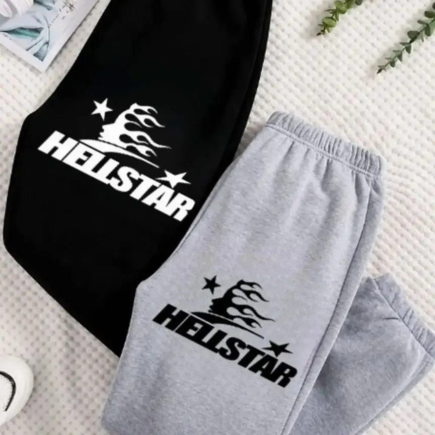 Hellstar Flame Graphic Sweatpants, Black Gray Star Print Jogger Pants, Y2K Alternative Streetwear, Casual Graphic Pants