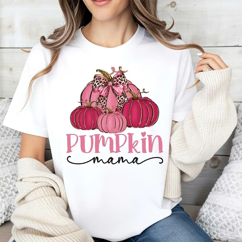 Casual Fall Style, Women's T-Shirt, Pink Pumpkin Mama Graphic, Autumn Season, Gift For Mom