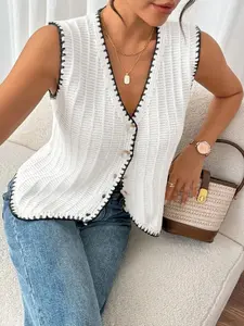 Women‘s Button Front V Neck Colorblock Knit Sleeveless Vest, Summer Casual Loose Fit Cute Fashion Stylish Minimalist Cummute Daily Sweater Vest, Women Summer Tops, Summer Knitwear for Women, Cute Summer Tops for Women, Womenswear