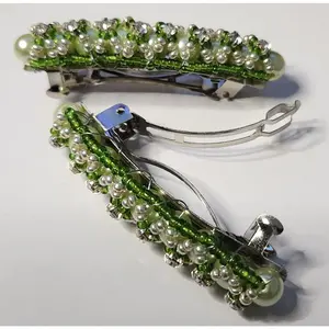 2" Green and White Barrettes