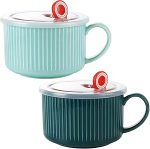 Aselected 2PCS Soup Bowls with Handles, 3.6×7.1Inch Ceramic Bowl with Lid, Blue, Dark Green Soup Mugs with Handles, Microwave Soup Mug with Lid for Soup, Noodles, Oatmeal ASelected