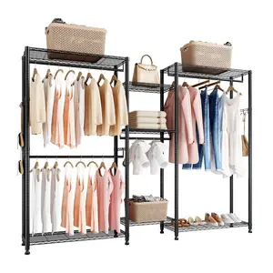 Carbon Steel Heavy-Duty Adjustable Standing Shelf Garment Rack Organiser, 7-Tier, 4 Hanging Rods, 850 lbs Load Capacity, Hangable Plastic Hook-Equipped Closet Wardrobe, Height-Adjustable Racks for Bedroom, Clothing Store