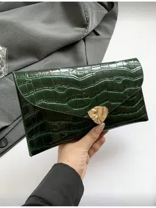 Fashion Colorful Minimalist Women Clutch Envelope Bag Metal Crocodile Embossed Sequins Nightclub Party Bridal Wedding Green Handbag Trendy Minimalist Purse