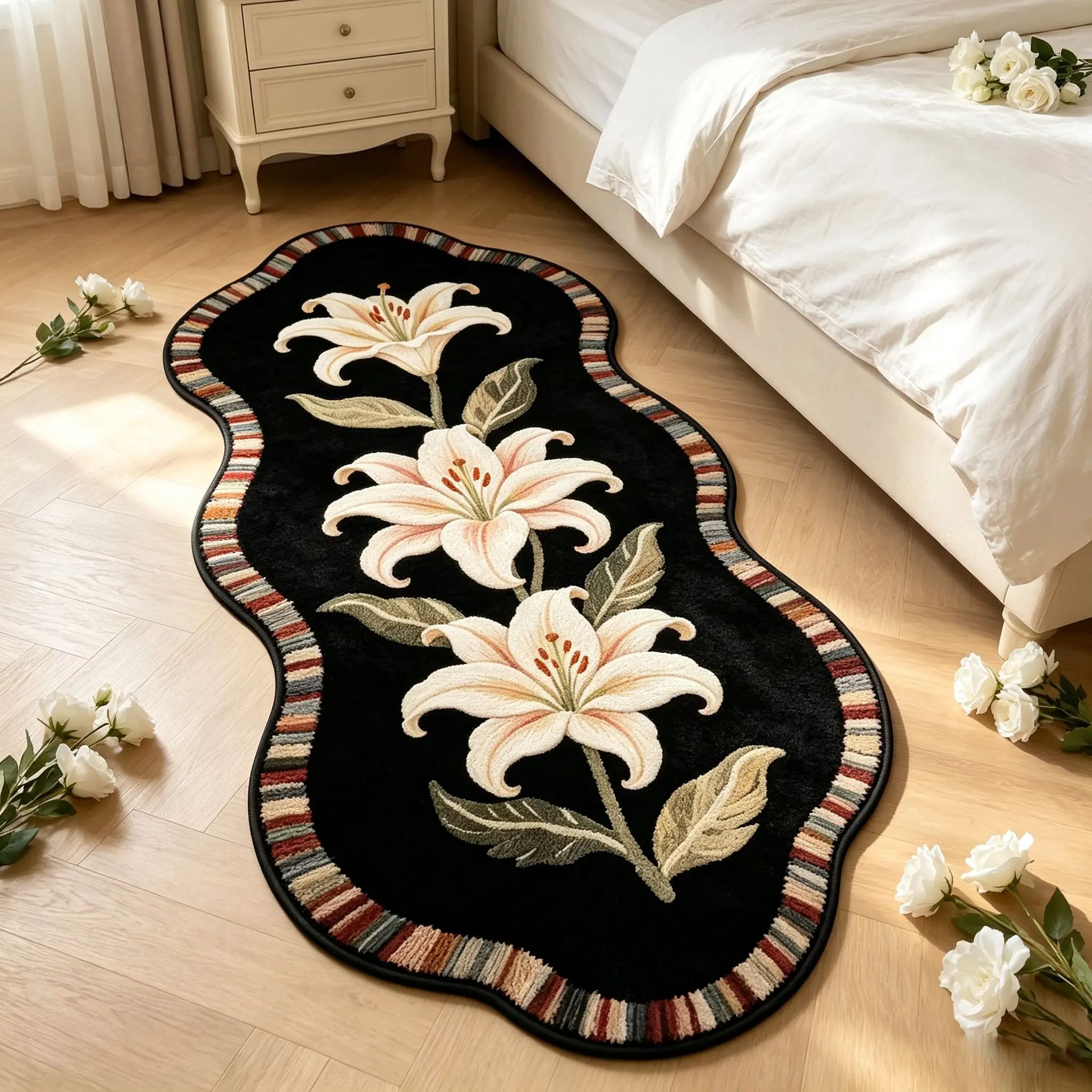 Vintage French Floral Area Rug, Irregular Wavy Shape With Lily Pattern, Soft Comfortable Floor Mat, Hand Wash Only, Decorative Rug For Bedroom, Living Room & Kitchen