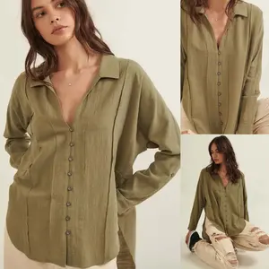 Gretchen Exposed Hem Button Down Top | Woven Green | Textured Button-Front with Exposed Hem