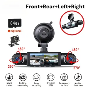 360° 4-Channel 1080P Ultimate Security Dash Cam Kit — 1080P Front, 720P Side & Rear Cameras — Super Night Vision, WDR, G-Sensor, Loop Recording, Optional Memory Card & Lenses — Safe Driving Black Box