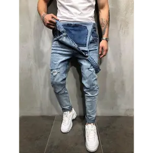 Men's Plain Button Denim Overalls Casual Comfy Ripped Pocket Denim for Daily Wear with Light Wash and Wide Range of Sizes