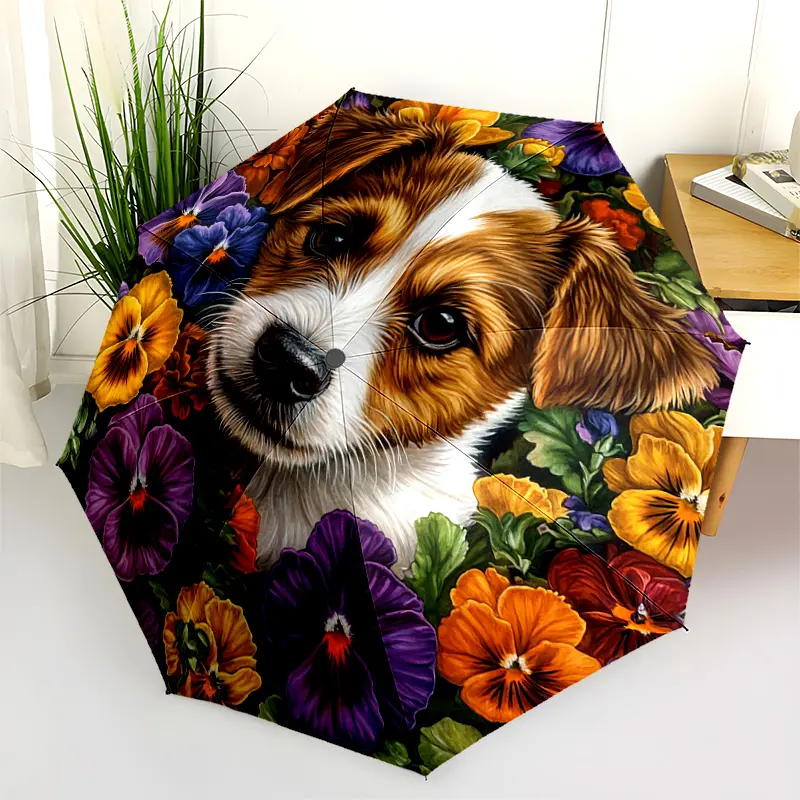 1 PC Automatic Folding Umbrella - Floral Framed Puppy Portrait Pattern, Portable & Foldable Design with 8 Ribs, Merry Christmas Pattern,Casual Outdoor Accessory Halloween and Christmas Birthday Gifts. K0026