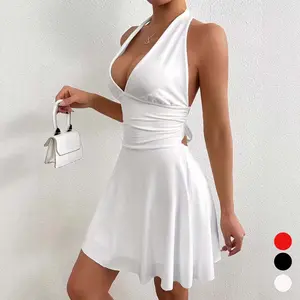 V Neck Ruched Backless Tie Up Bodycon Dress