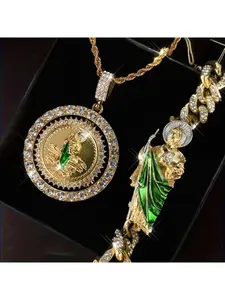 2 Piece Hip Hop Style Rotating Saint Jude Diamond Pendant Necklace and Bracelet Set for Men and Women Fashion Jewelry Gift Set