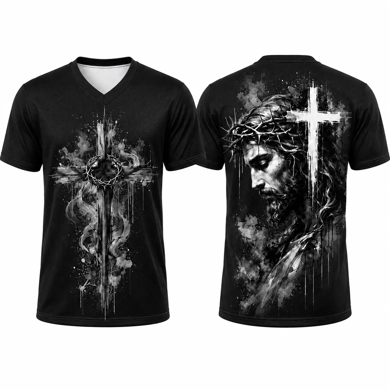 Men's & Women's Jesus Christian Cross V-Neck Casual Sport Tee - Breathable Lightweight Church Wear, Black/White Crown of Thorns Graphic Short Sleeve Print Top