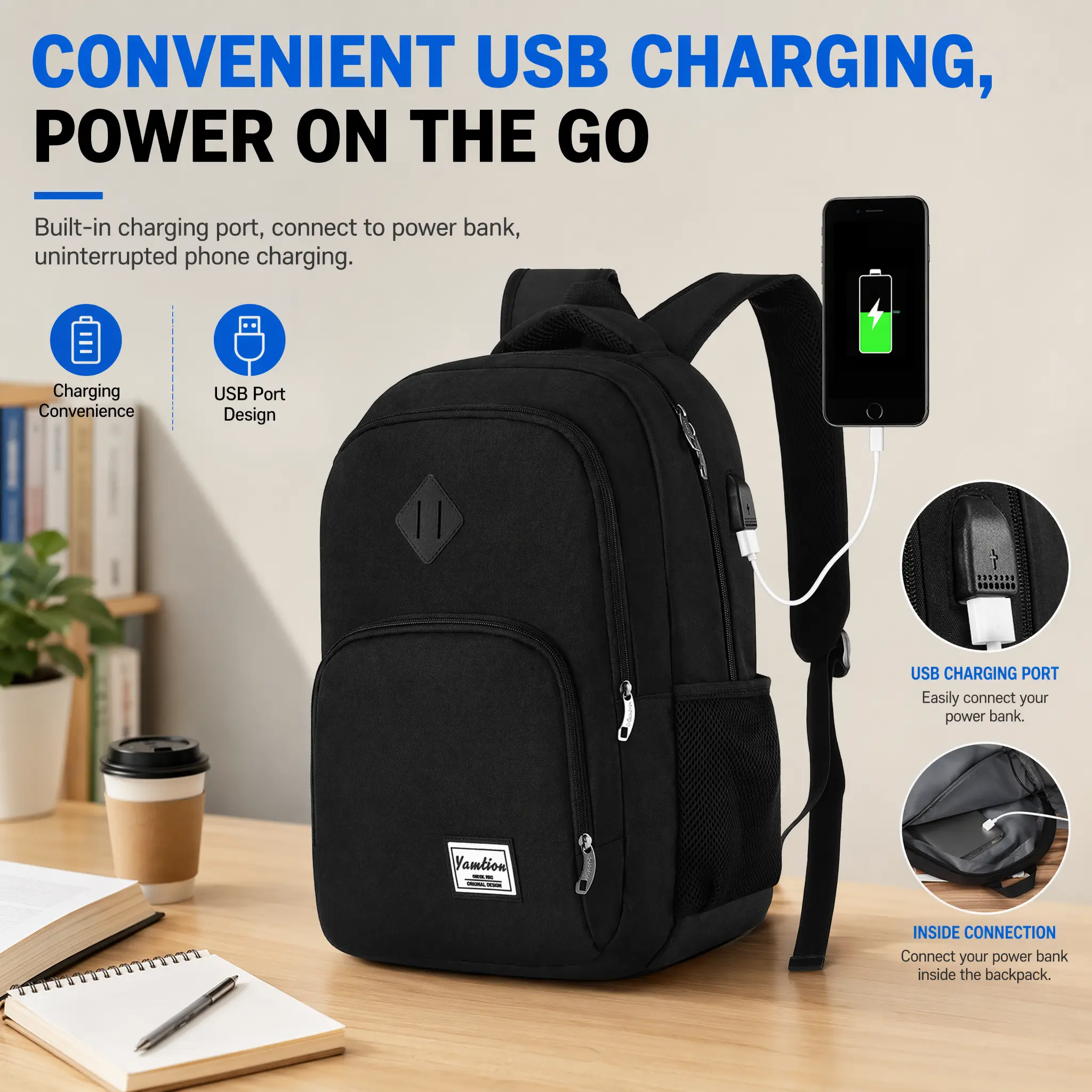YAMATION 35L Large Capacity Lightweight Campus Backpack for Teens - Built-in Organizer, Anti-theft Backpacks, USB Charging, Water Resistant, Anti-theft Pocket, Luggage Strap Functional Daypack, Built-In Organizer Backpacks