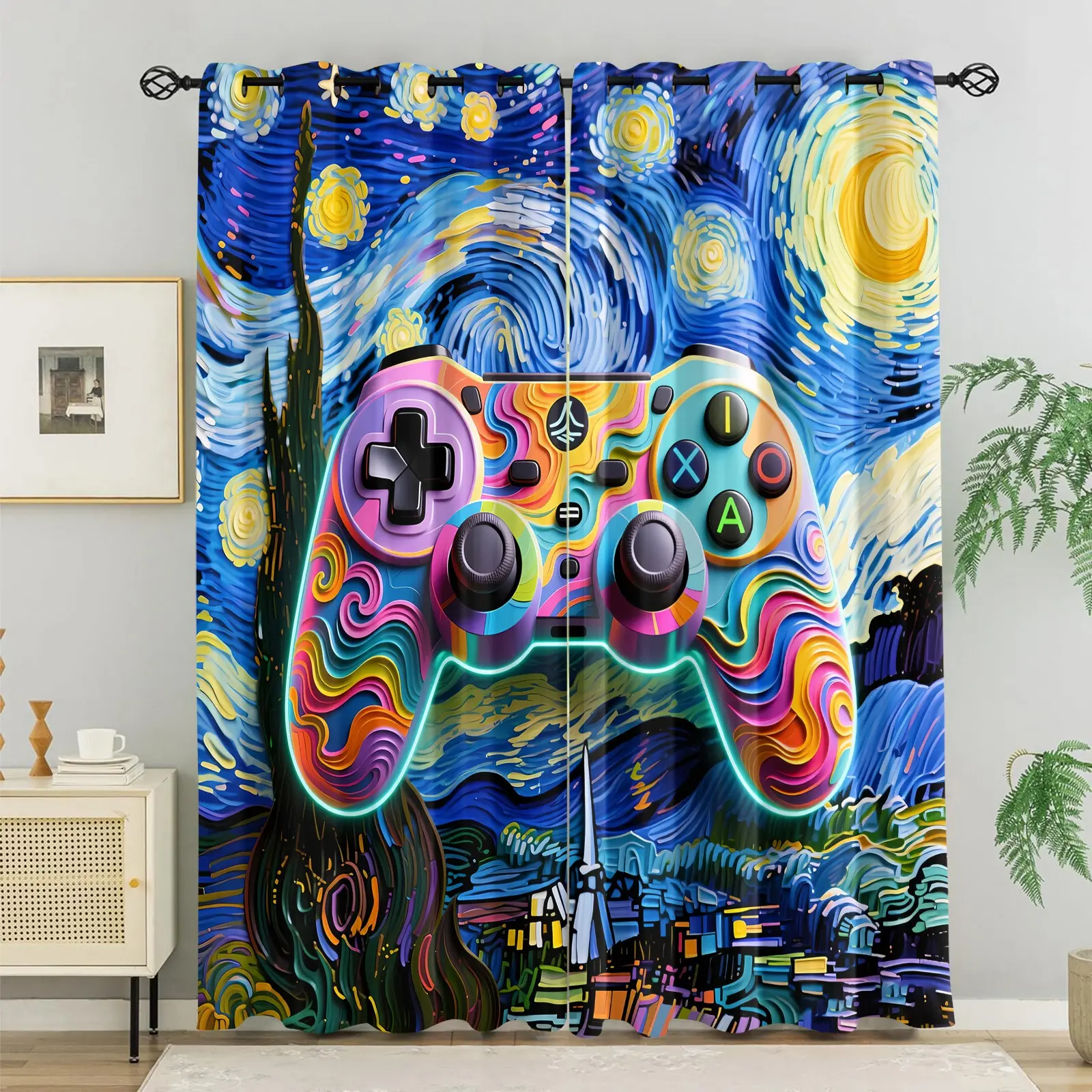2pcs Starry Night Art Gaming Controller Print Curtains, Pair Opening Decorative Curtains for Bedroom, Adjustable Decorative Curtains With Higher Shading Rate, Sunscreen and Thermal Insulation Grommet Curtains, Healthy and Eco-Friendly