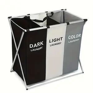 Foldable Laundry Basket With 3 Sections, Waterproof Oxford Bags, And Aluminum Frame - Perfect For Sorting Dark And Light Clothes, Washing Clothes Storage For Home And Dormitory Use Organiser