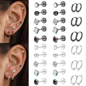 8 Pairs Surgical Steel Earrings for Sensitive Ears Hypoallergenic 20G Stainless Steel Stud Hoop Earrings for Women Men Small Opal Ball CZ Surgical Steel Flat Back Earrings Cartilage Earrings Hoop Stud