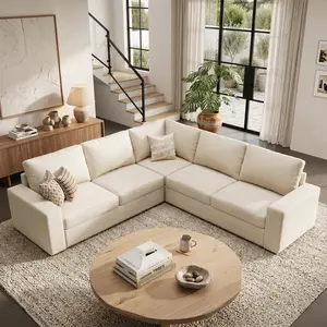 summervibes ABCASA 113" L-Shape Modular Sectional Couch, Modern 4-Seat Comfy Linen Deep Seat Sofa with Corner, Removable Cover, Easy Assembly, Large Sofas & Couches for Living Room, Office, Thick Cushions, Easy to Clean, Deep Seat, Beige