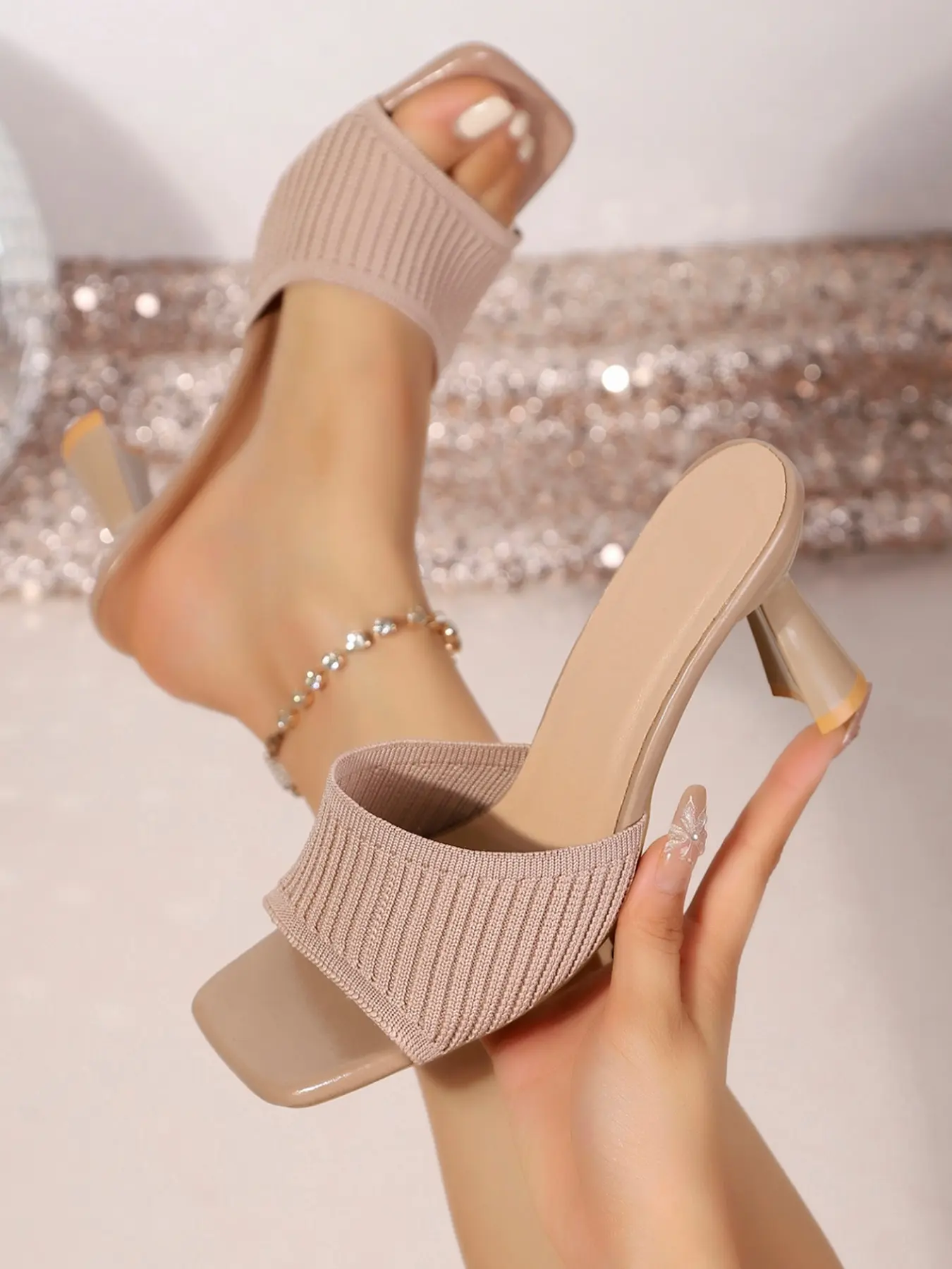 Women's High Heel Sandals, Sexy Pointed Toe Knitted Net Mesh Slippers, Party Fashion Versatile Slip-On Rubber Shoes, Elegant Fashionable Sandals, Trendy Sandals, Party Footwear, Chic Summer Footwear, All Match Sandals