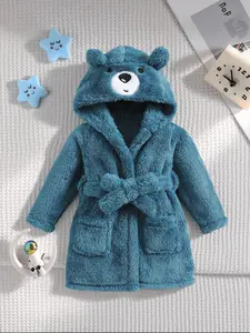 Hooded Sleepwear & Embroidered Cartoon Bear Design, Long Sleeve Fitted Pajamas with Pocket Belt, Soft Flannel for Ages 6-8, Kid, Fluffy Pajamas