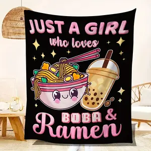 "Just a Girl Who Loves Boba & Ramen" Flannel Blanket, Ultra-Soft Plush Throw with Cute Cartoon Noodle & Bubble Tea Print, Cozy Warm Fleece Blanket for Couch Bed Sofa, Perfect Foodie Home Decor & Gift for Girls, All-Season Comfort