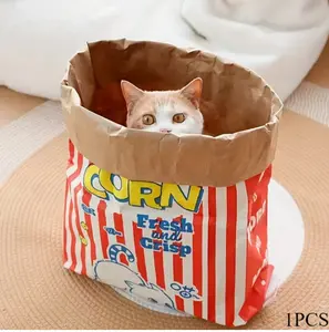 Popcorn Fun | Giant-sized kraft paper cat scratch bag, cute retro print. Suitable for all cats, fits adult & multi-cat homes. Foldable for easy storage, scratch & wear-proof, lets your cat love climbing & hiding in it!