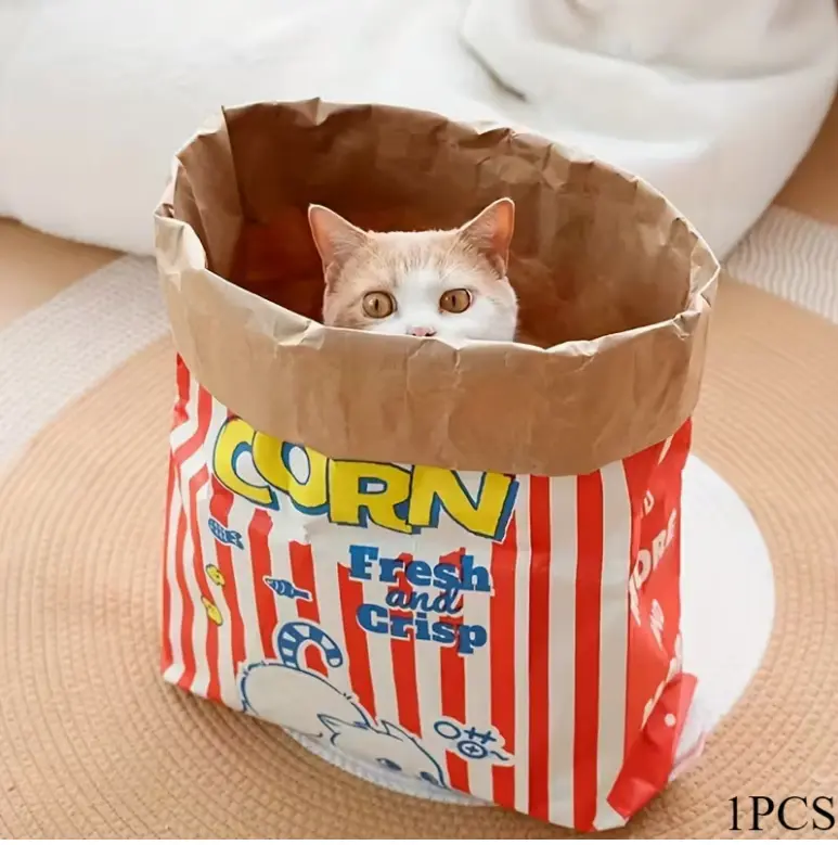 Popcorn Fun | Giant-sized kraft paper cat scratch bag, cute retro print. Suitable for all cats, fits adult & multi-cat homes. Foldable for easy storage, scratch & wear-proof, lets your cat love climbing & hiding in it!