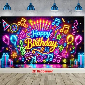 2D Flat Banner Polyester Photography Backdrop, HD Digitally Printed Neon Happy Birthday Theme Photo Background Cloth, Soft Lightweight Foldable Machine Washable Fabric for Birthday Parties, Photo Booth, Studio Shooting, Livestream