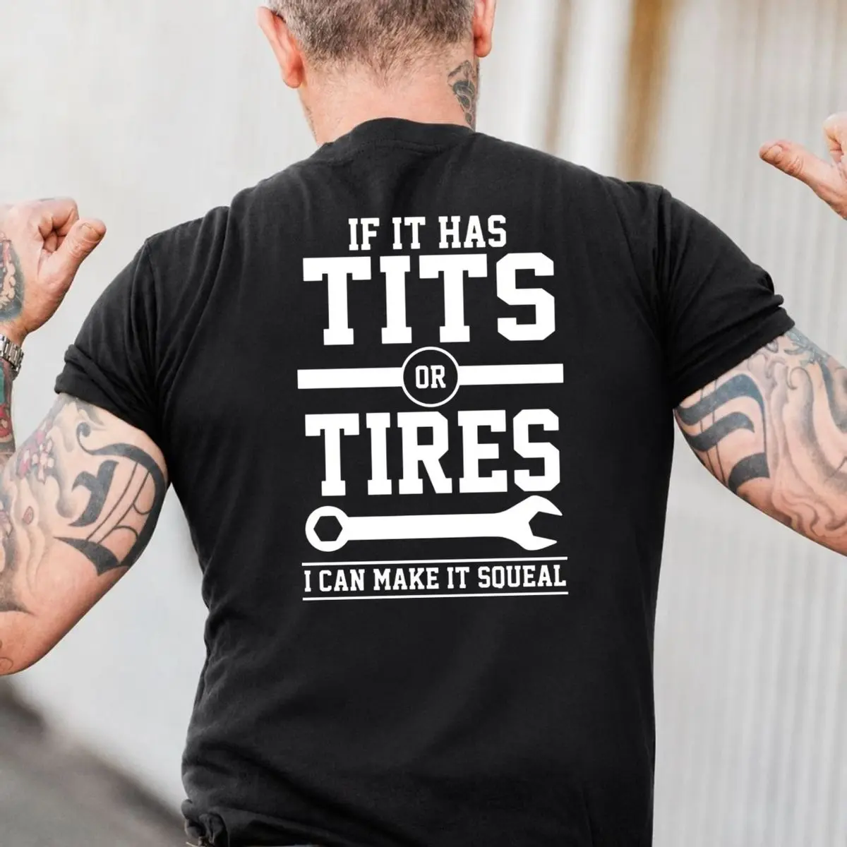 Funny If It Has Tits Or Tires I Can Make It Squeal On Back Shirt, Mechanic Garage Car Enthusiast Tee, Unisex Sweater Pullover Tee